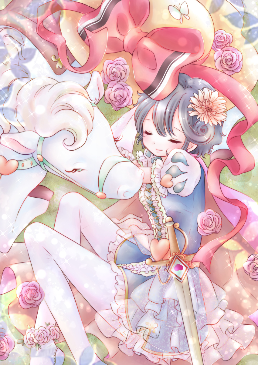 1girl, black_hair, blue_dress, blush, cape, closed_eyes, dress, feet_out_of_frame, flower, flower_anklet, frilled_dress, frilled_sleeves, frills, gloves, hair_flower, hair_ornament, headwear_removed, highres, horse, lying, mind_08, on_side, princess_sapphire, puffy_short_sleeves, puffy_sleeves, ribbon_no_kishi, rose, short_dress, short_hair, short_sleeves, smile, sword, weapon