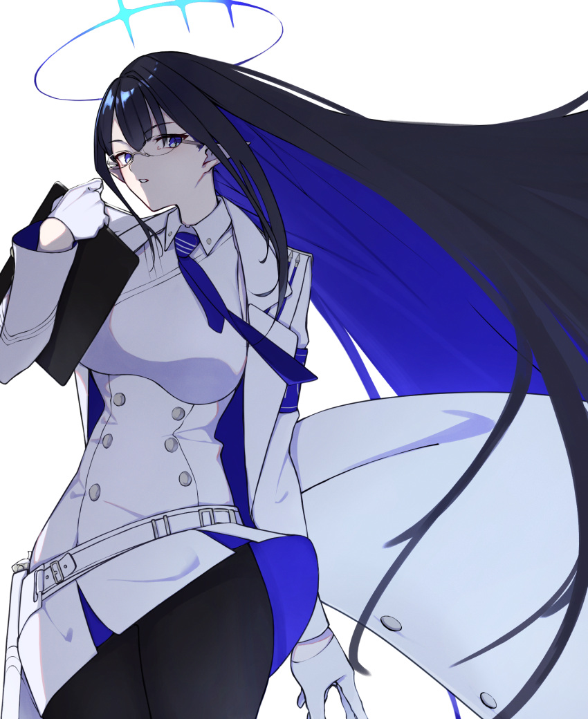 1girl, bangs, belt, black_hair, black_legwear, blue_archive, blue_eyes, blue_necktie