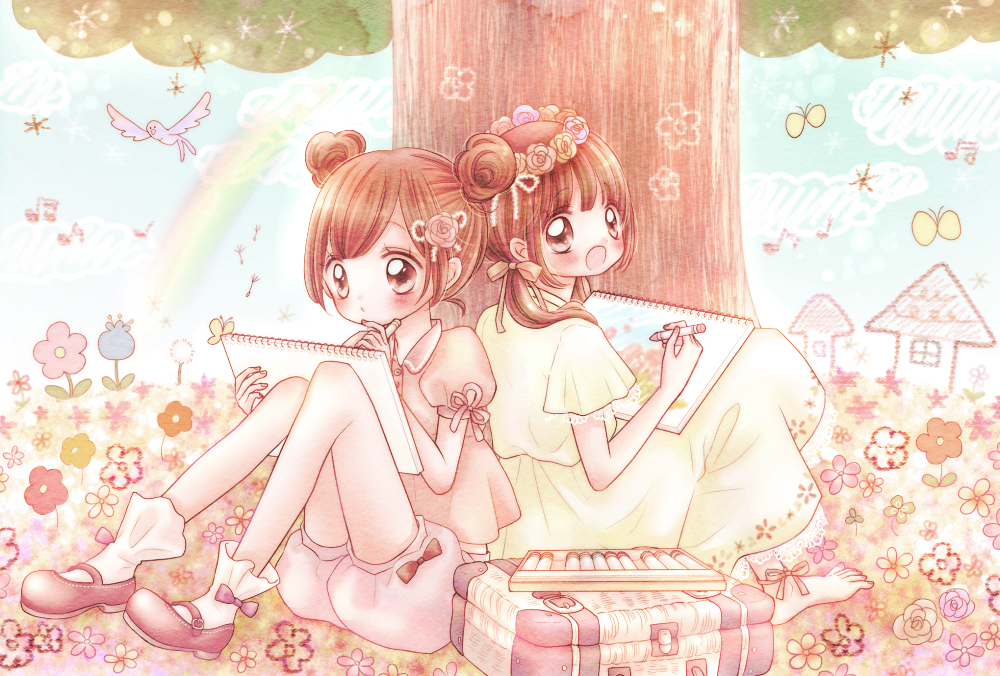 2girls, back-to-back, barefoot, bird, brown_eyes, brown_hair, collared_shirt, crayon, double_bun, drawing, dress, eyebrows_visible_through_hair, flower_(symbol), hand_on_own_chin, head_wreath, holding, holding_crayon, lace-trimmed_dress, lace_trim, low_twintails, mary_janes, mind_08, multiple_girls, musical_note, on_ground, open_mouth, original, puffy_short_sleeves, puffy_shorts, puffy_sleeves, rainbow, shirt, shoes, short_sleeves, shorts, socks, tree, twintails