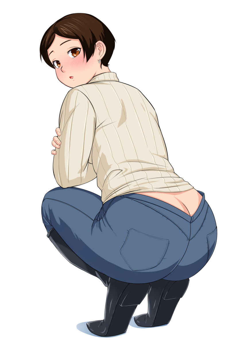 1girl, ass, beige_shirt, black_footwear, blue_pants, boots, brown_eyes, brown_hair