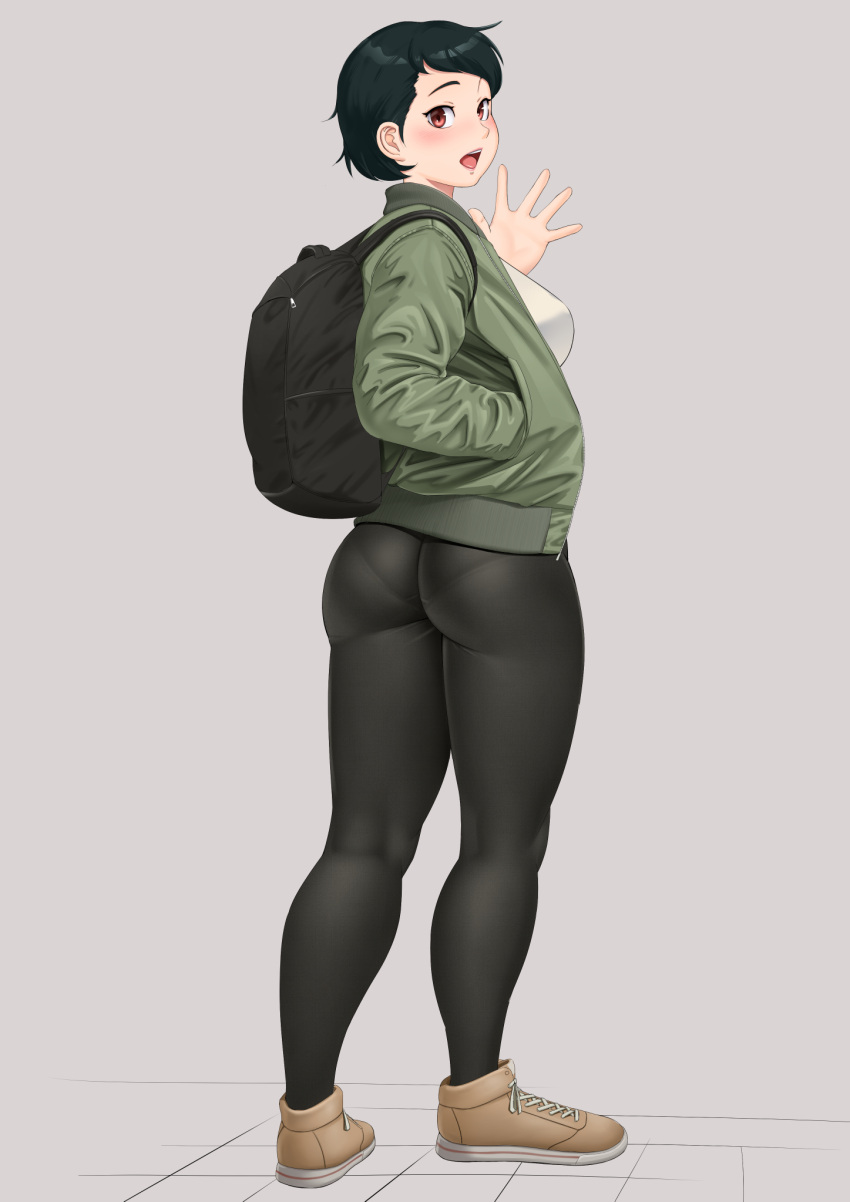 1girl, ass, backpack, bag, black_bag, black_hair, black_legwear, blush