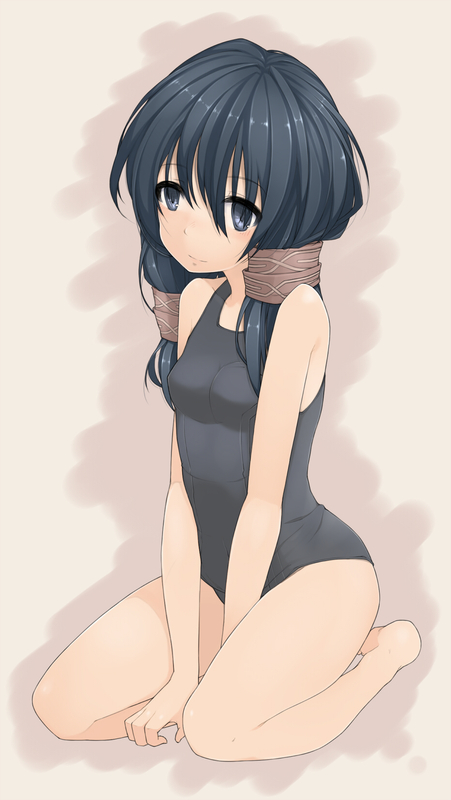 black_eyes, black_hair, blush, flat_chest, hair_ribbon, kochiya, long_hair, magari_(valkyria), one-piece_swimsuit, ribbon, school_swimsuit, seiza, senjou_no_valkyria, senjou_no_valkyria_2, sitting, smile, solo, swimsuit, twintails