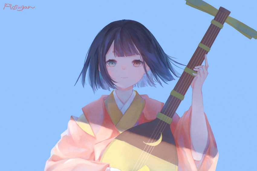 1girl, aosugar, artist_name, biwa_(heike_monogatari), black_hair, blue_background, blue_eyes, brown_eyes, heike_monogatari, heterochromia, highres, instrument, japanese_clothes, looking_at_viewer, lute_(instrument), music, playing_instrument, short_hair, simple_background, solo, upper_body