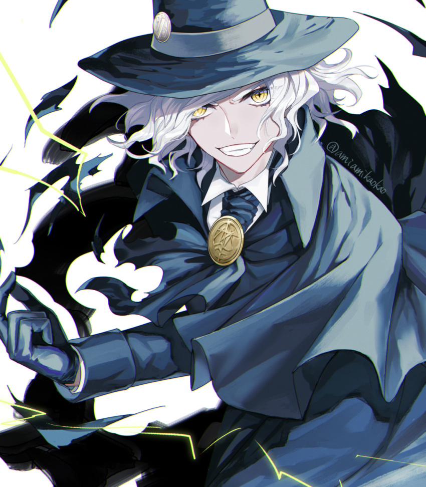 1boy, amiamikaokao, cape, commentary_request, edmond_dantes_(fate), fate/grand_order, fate_(series), fedora, formal, gloves, hand_up, hat, highres, long_sleeves, looking_at_viewer, male_focus, short_hair, silver_hair, smile, solo, suit, teeth, twitter_username, upper_teeth, wavy_hair, white_hair, yellow_eyes