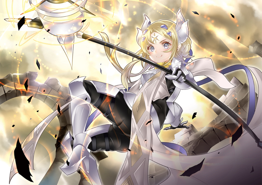1girl, :q, armor, armored_dress, blonde_hair, blue_ribbon, blush, breasts, cape, cowboy_shot, dogmatika_ecclesia_the_virtuous, duel_monster, facial_mark, forehead_mark, gauntlets, greaves, grey_eyes, hair_ornament, hammer, headgear, holding, holding_hammer, pinko_(pinkuroao), ribbon, second-party_source, tongue, tongue_out, weapon, yu-gi-oh!