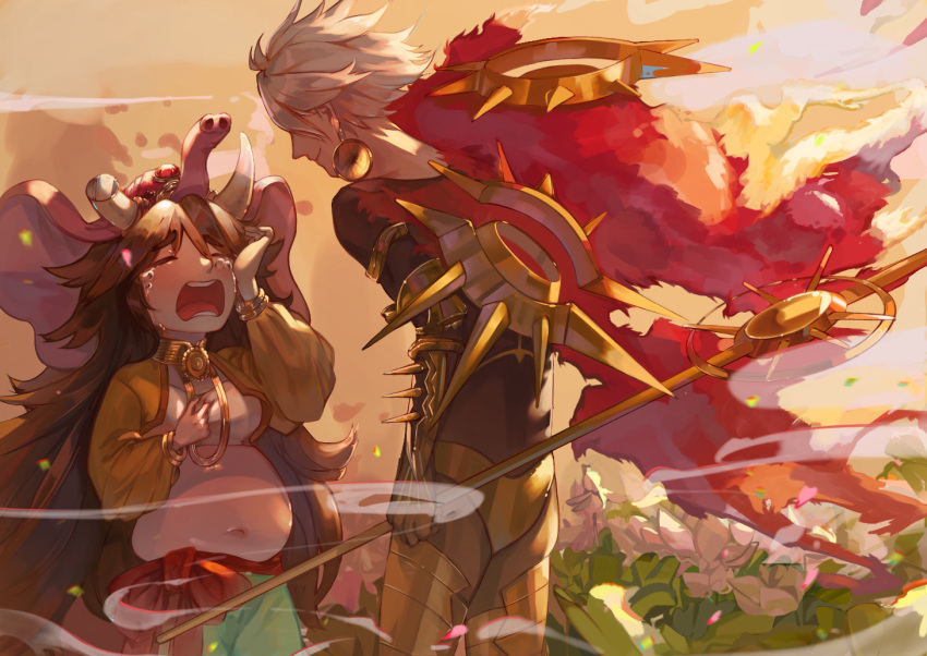 1boy, 1girl, armor, bangs, bell, brown_hair, cape, closed_eyes