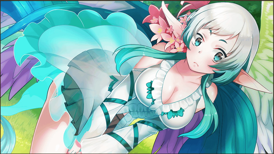 1girl, absurdly_long_hair, ariel_(monster_musume), artist_request, bare_shoulders, blue_eyes, blush, breasts, feathered_wings, flower, game_cg, gradient_hair, hair_flower, hair_ornament, large_breasts, long_hair, looking_at_viewer, monster_musume_no_iru_nichijou, monster_musume_no_iru_nichijou_online, multicolored_hair, non-web_source, official_art, outdoors, pointy_ears, rainbow_wings, solo, very_long_hair, wings