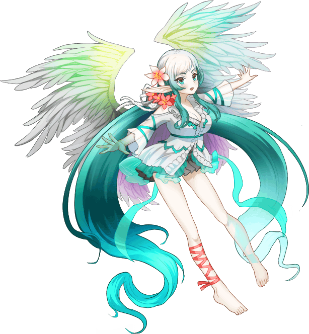 1girl, absurdly_long_hair, ariel_(monster_musume), artist_request, blue_eyes, breasts, feathered_wings, flower