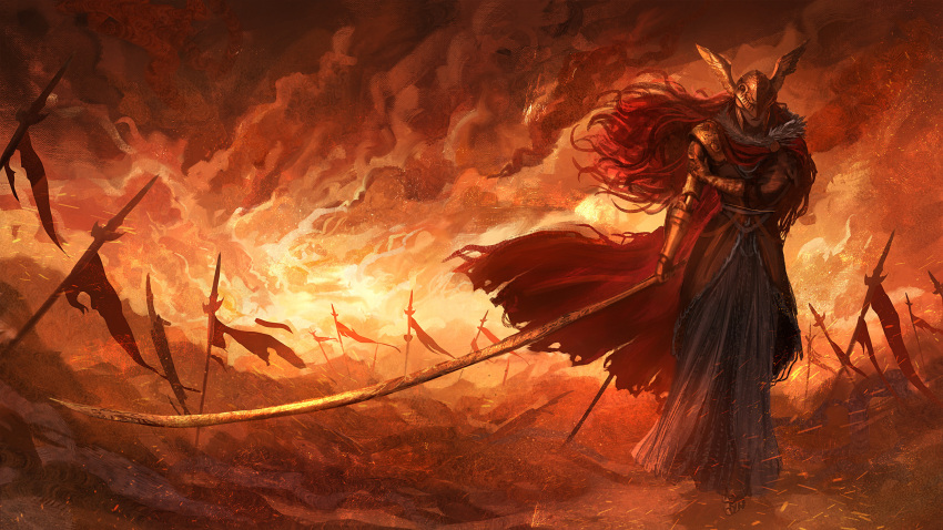 1girl, armor, caiosantos, cape, elden_ring, fire, flag, helmet, highres, holding, holding_weapon, malenia_blade_of_miquella, orange_theme, outdoors, planted, red_cape, redhead, solo, standing, weapon, winged_helmet