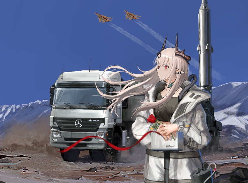 1girl, absurdres, aircraft, airplane, arknights, bangs, black_bra, blue_sky