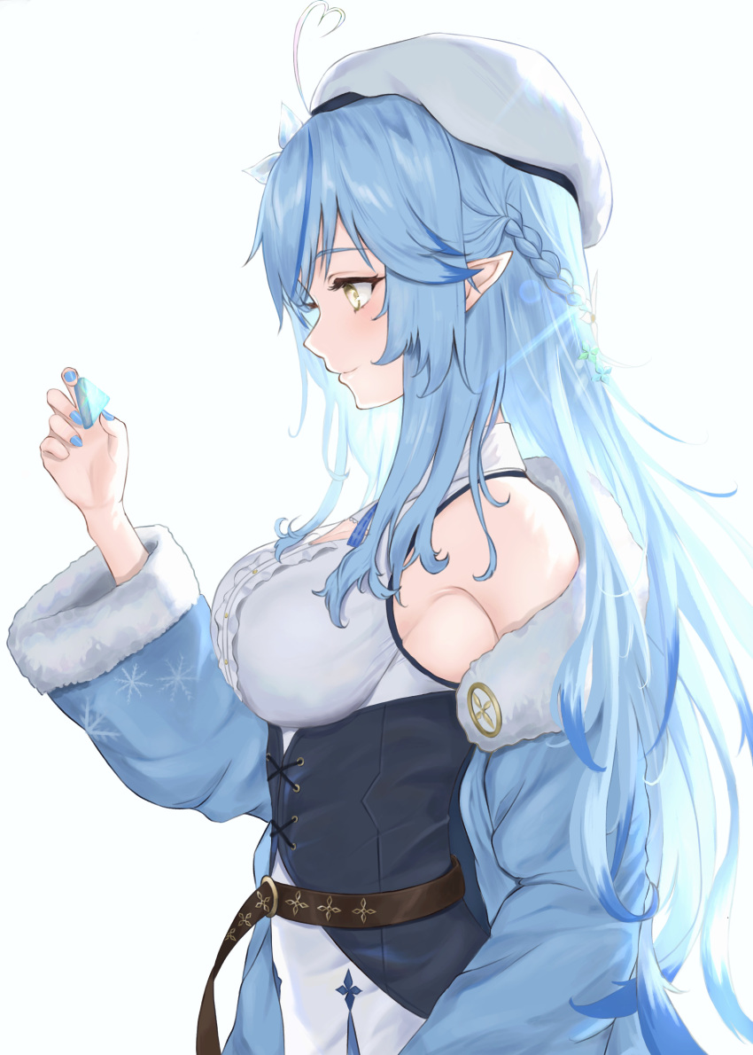 1girl, absurdres, ahoge, belt, beret, blue_jacket, braid, brown_belt