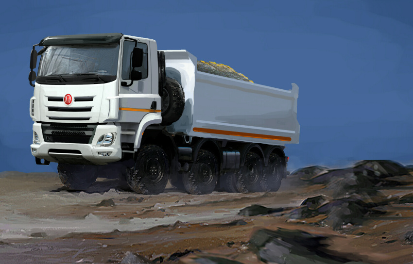 blue_sky, commentary, dump_truck, gravel, ground_vehicle, highres, mirroraptor, motor_vehicle