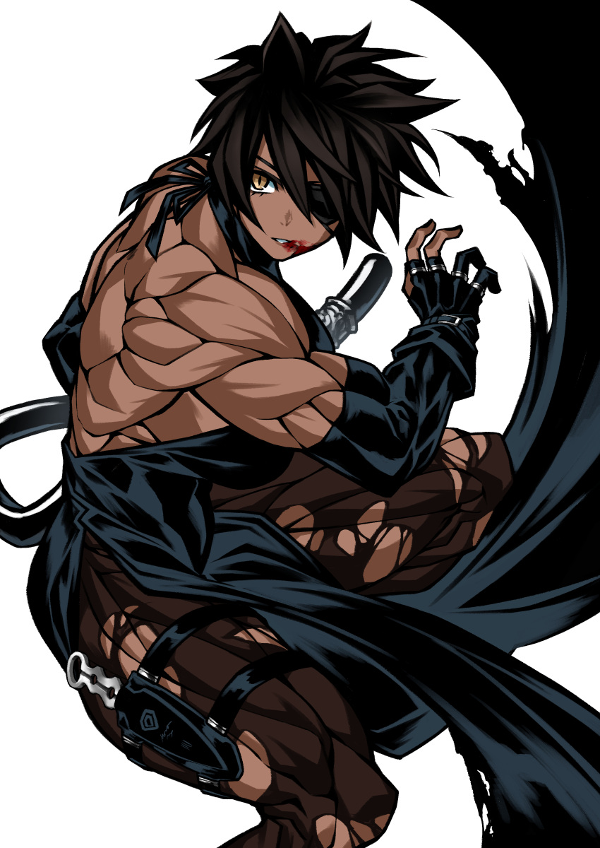 1girl, absurdres, black_hair, blood, breasts, brown_eyes, dark-skinned_female, dark_skin