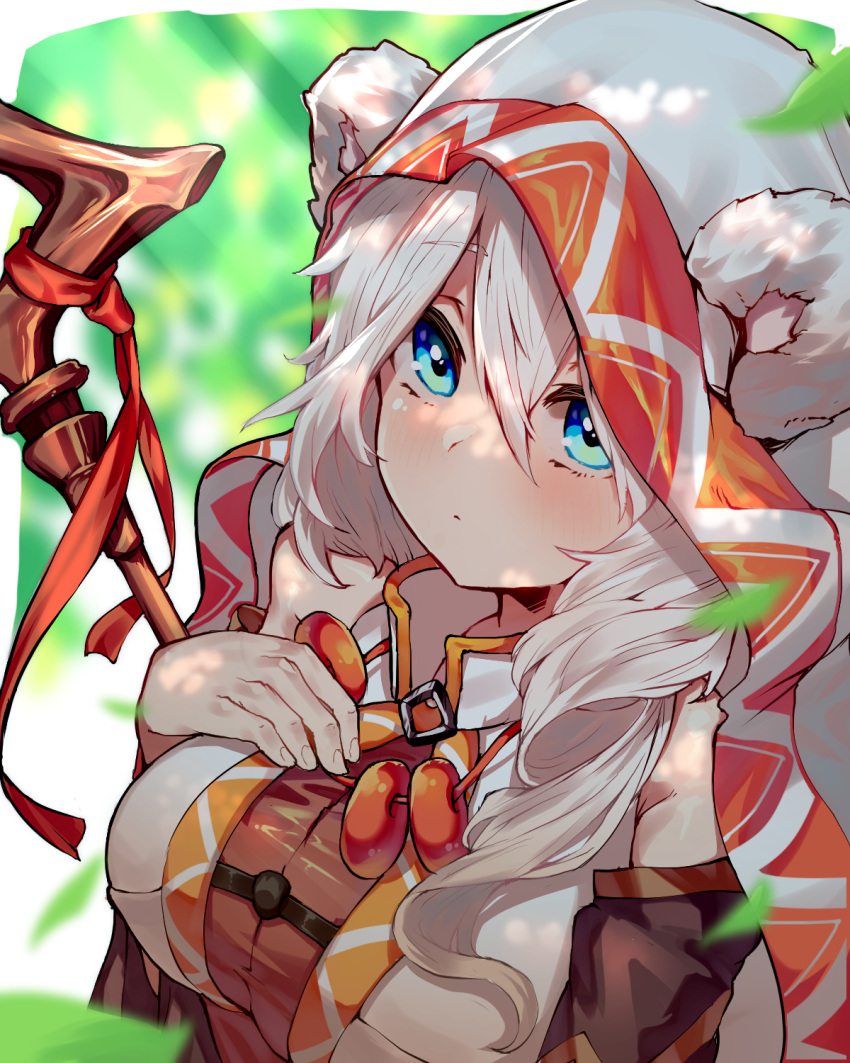 1girl, animal_ears, bangs, bare_shoulders, blue_eyes, breasts, cloak, closed_mouth