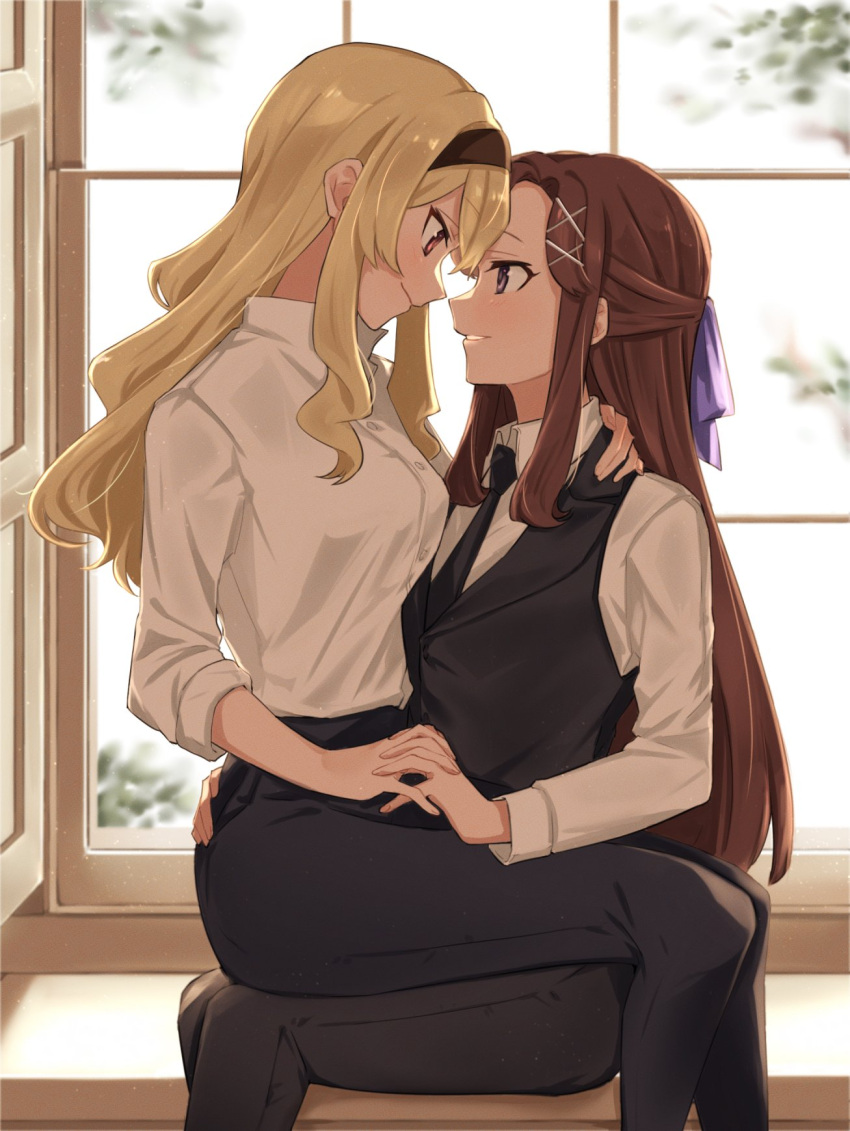 2girls, bangs, black_hairband, black_necktie, black_pants, black_vest, blonde_hair, bow, breasts, brown_hair, closed_mouth, collared_shirt, commentary_request, day, dress_shirt, eye_contact, face-to-face, feet_out_of_frame, from_side, girl_on_top, hair_bow, hair_ornament, hairband, half_updo, hand_on_another's_ass, hand_on_another's_neck, hand_up, highres, holding_hands, indoors, interlocked_fingers, light_blush, light_particles, long_hair, long_sleeves, looking_at_another, medium_breasts, multiple_girls, necktie, pants, parted_bangs, parted_lips, pink_eyes, profile, purple_bow, ramenko_(pasta_nya), saijou_claudine, shirt, shirt_tucked_in, shoujo_kageki_revue_starlight, sidelocks, sitting, sitting_on_lap, sitting_on_person, sleeves_past_elbows, sleeves_pushed_up, smile, tendou_maya, vest, violet_eyes, wavy_hair, white_shirt, window, windowsill, x_hair_ornament, yuri