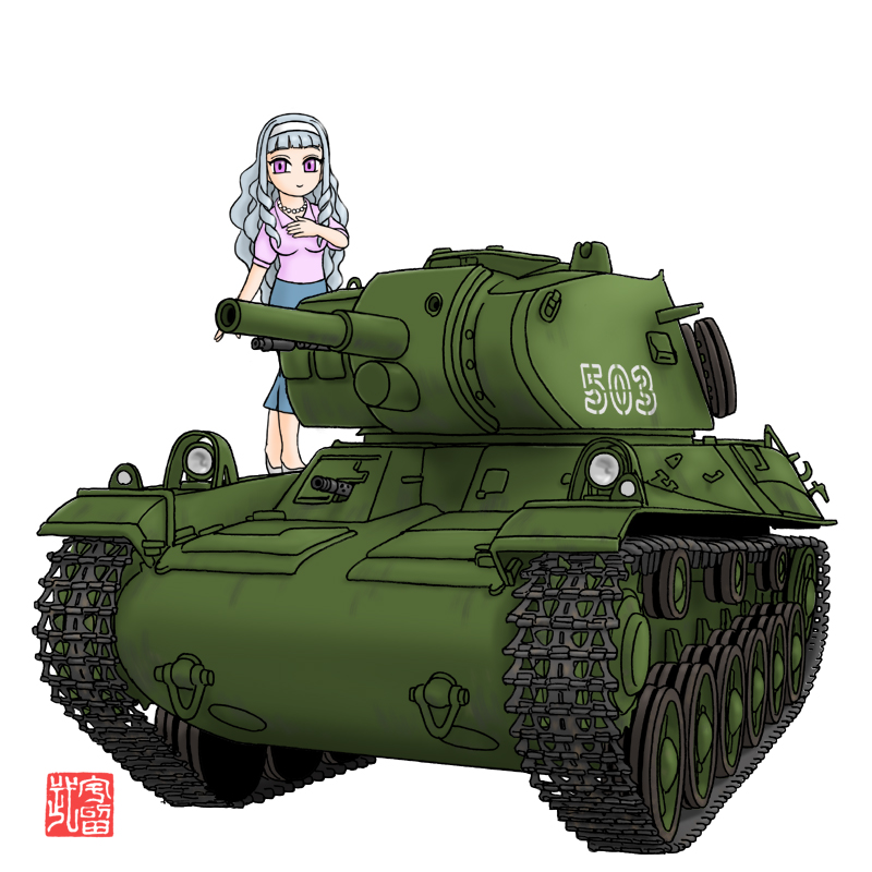 blouse, blue_skirt, cannon, curly_hair, drill_hair, gun, hand_on_own_chest, headband