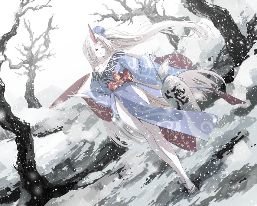 1girl, alternate_hairstyle, bare_legs, bare_tree, blonde_hair, blue_kimono, blue_scrunchie, breasts