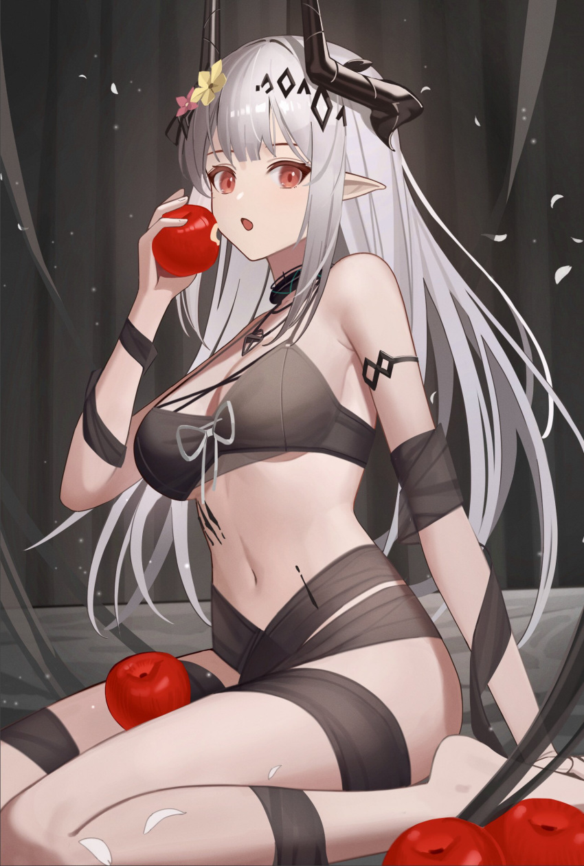 1girl, :o, apple, arknights, armlet, bangs, barefoot, bikini