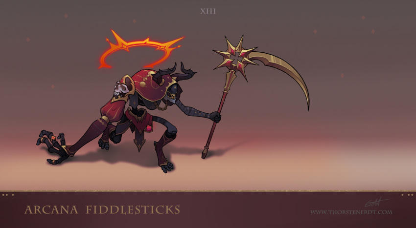 1other, bandaged_arm, bandages, character_name, english_commentary, holding, holding_scythe, holding_weapon, hood, hood_up, horns, league_of_legends, roman_numeral, scythe, signature, skull, standing, teeth, thorsten_erdt, weapon, web_address
