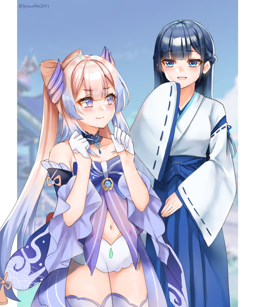 2girls, blue_hair, blush, frilled_sleeves, frills, genshin_impact, gloves, hair_ornament
