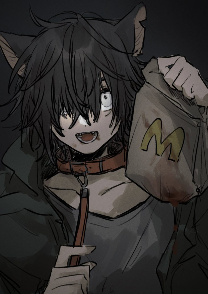 1boy, animal_ears, bag, black_coat, blood, blood_on_face, coat, collar