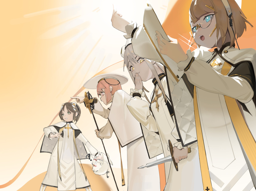 2boys, 2girls, ?, alchemy_stars, animal, bangs, bird, blonde_hair