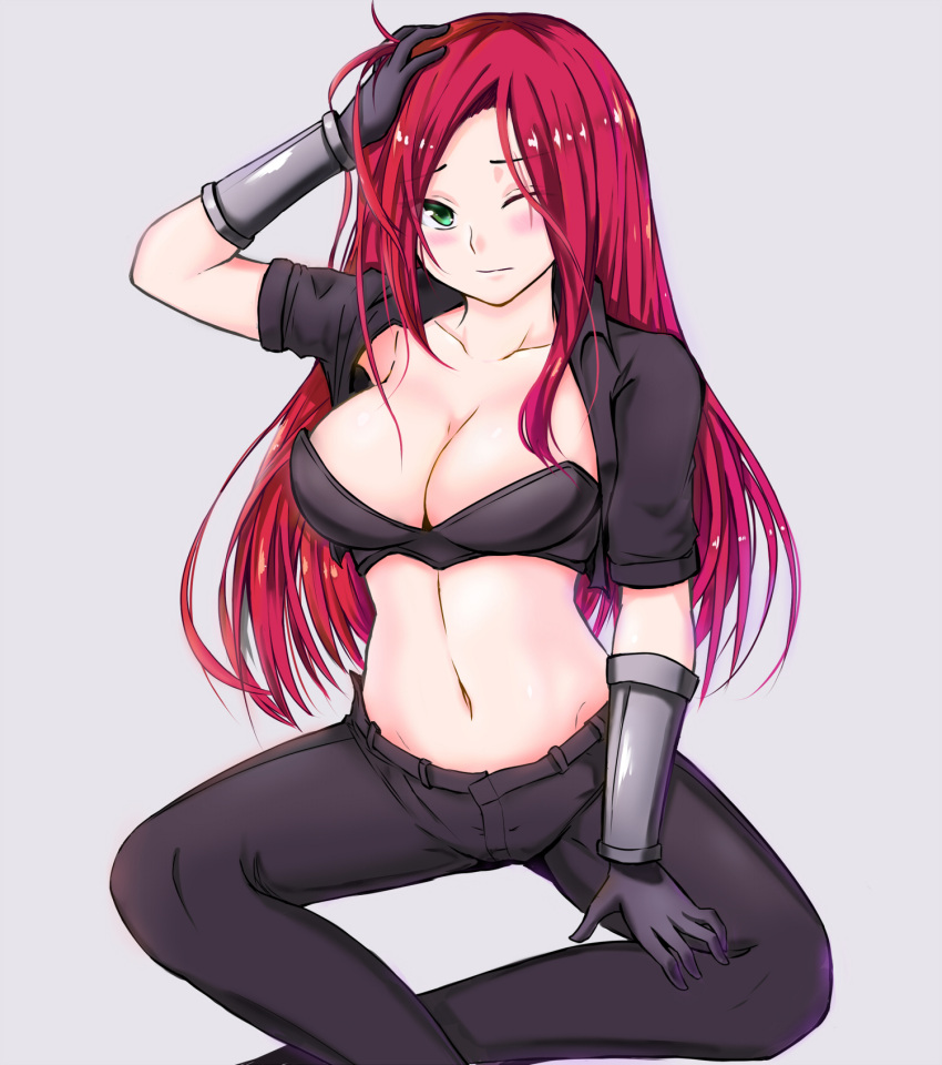 1girl, bangs, black_gloves, black_jacket, black_pants, blush, breasts, collarbone, cropped_jacket, feet_out_of_frame, gloves, grey_background, hand_up, highres, jacket, katarina_(league_of_legends), large_breasts, league_of_legends, navel, one_eye_closed, pants, popoman, redhead, shiny, shiny_hair, simple_background, sitting, solo