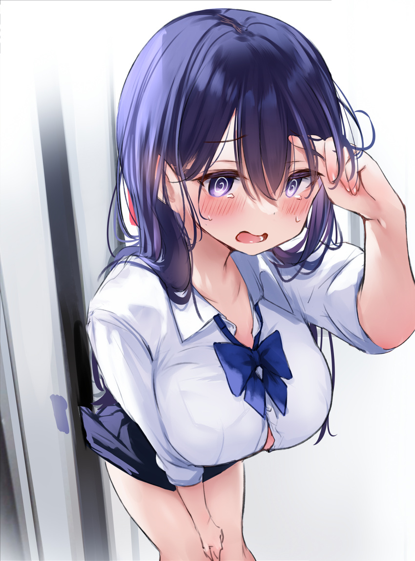1girl, @_@, ^^^, arm_up, bangs, blue_bow, blue_bowtie, blue_hair
