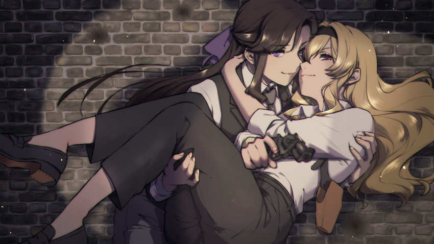 2girls, bangs, belt, black_belt, black_footwear, black_hairband, black_pants, black_vest