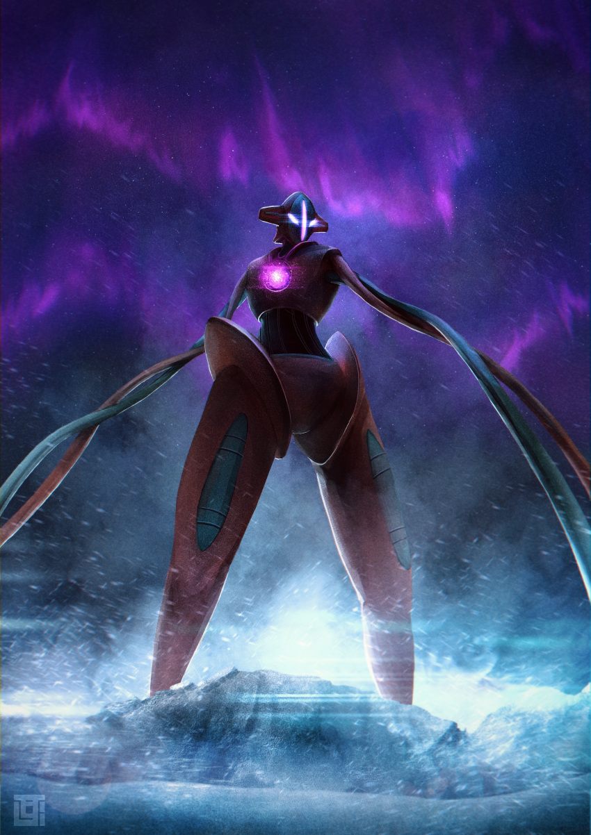 absurdres, aurora, blurry, commentary_request, deoxys, deoxys_(normal), from_below, glowing