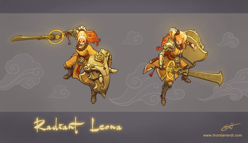 1girl, alternate_costume, armor, armored_boots, bangs, bead_necklace, beads, blonde_hair, boots, character_name, commentary, facial_mark, forehead_mark, glowing, grey_background, holding, holding_shield, holding_sword, holding_weapon, japanese_clothes, jewelry, kimono, league_of_legends, leona_(league_of_legends), long_hair, necklace, orange_kimono, shield, shoulder_armor, signature, sword, thorsten_erdt, weapon, web_address