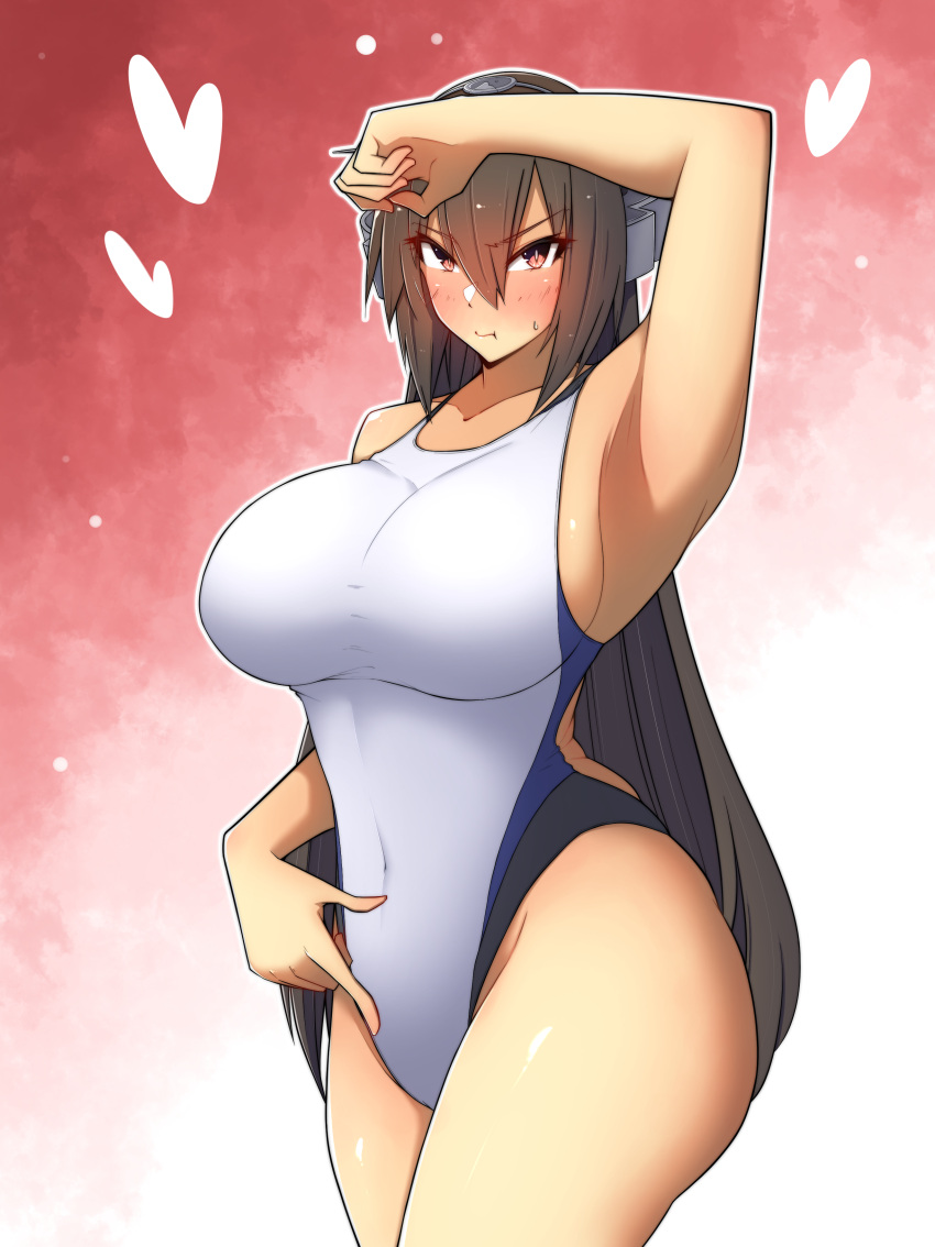 1girl, absurdres, alternate_costume, arm_up, black_hair, black_swimsuit, blue_swimsuit, breasts
