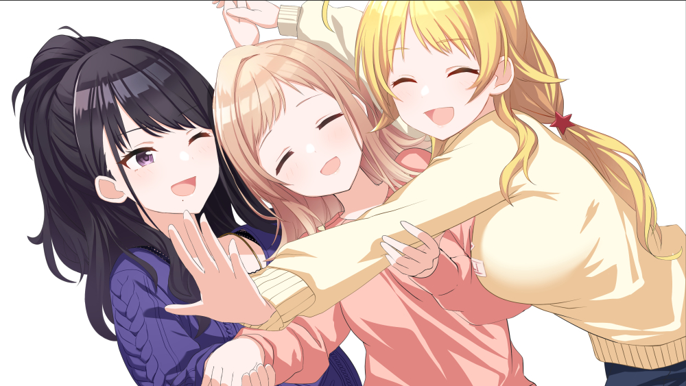 3girls, ;d, =_=, ^_^, ^o^, argyle, argyle_sweater, black_hair