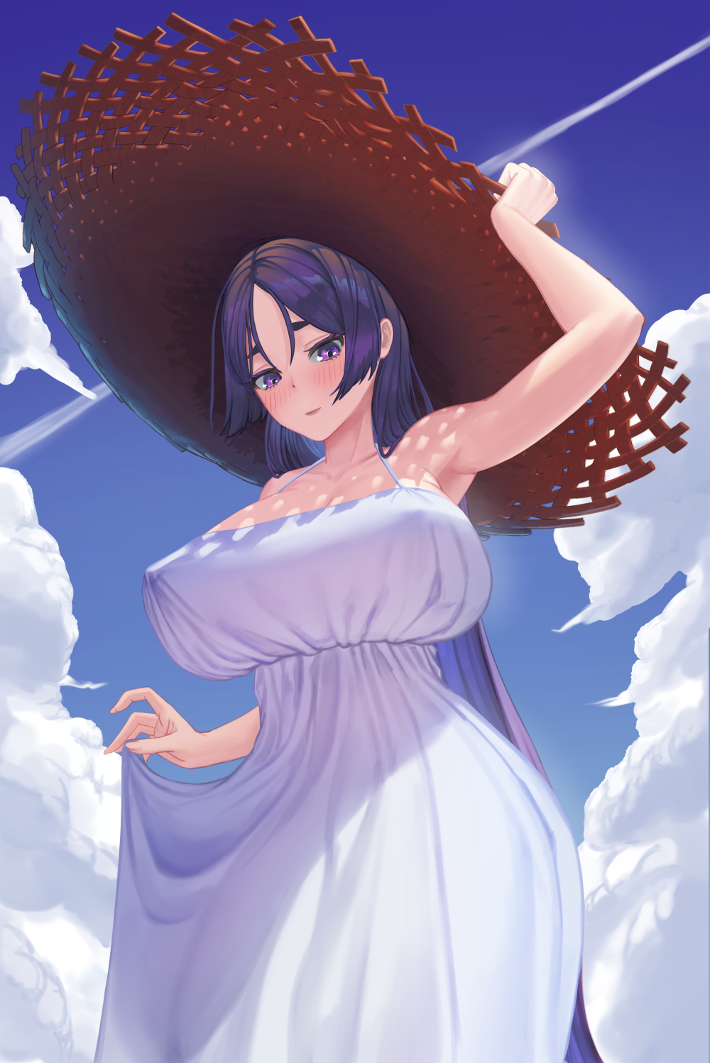 1girl, armpits, bangs, bare_shoulders, blue_sky, blush, breasts, clothes_lift