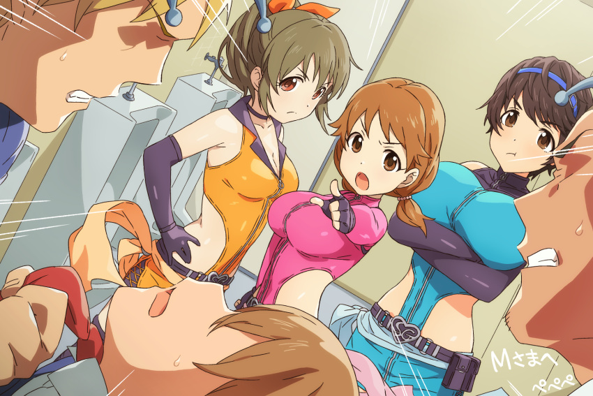3boys, 3girls, arms_under_breasts, bathroom, belt, belt_buckle, belt_pouch, black_belt