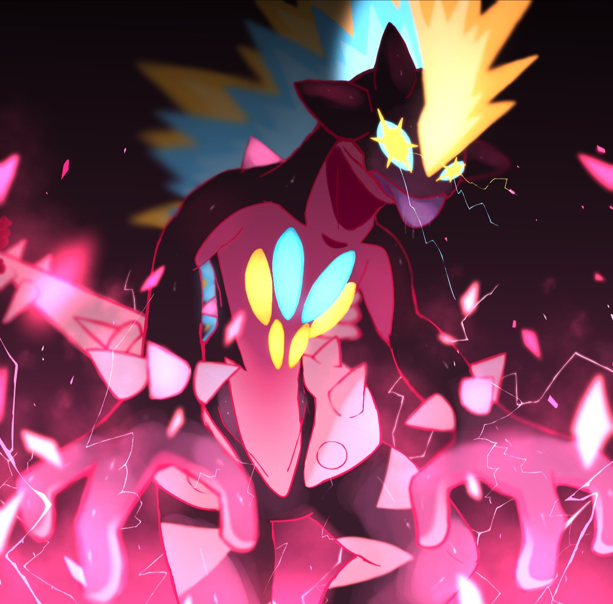 blurry, commentary_request, electricity, gigantamax, gigantamax_toxtricity, glowing, glowing_eyes, levia1539