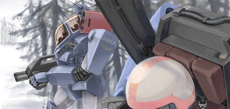 bigfoot_(combat_armor), day, gun, holding, holding_gun, holding_weapon, mecha, outdoors