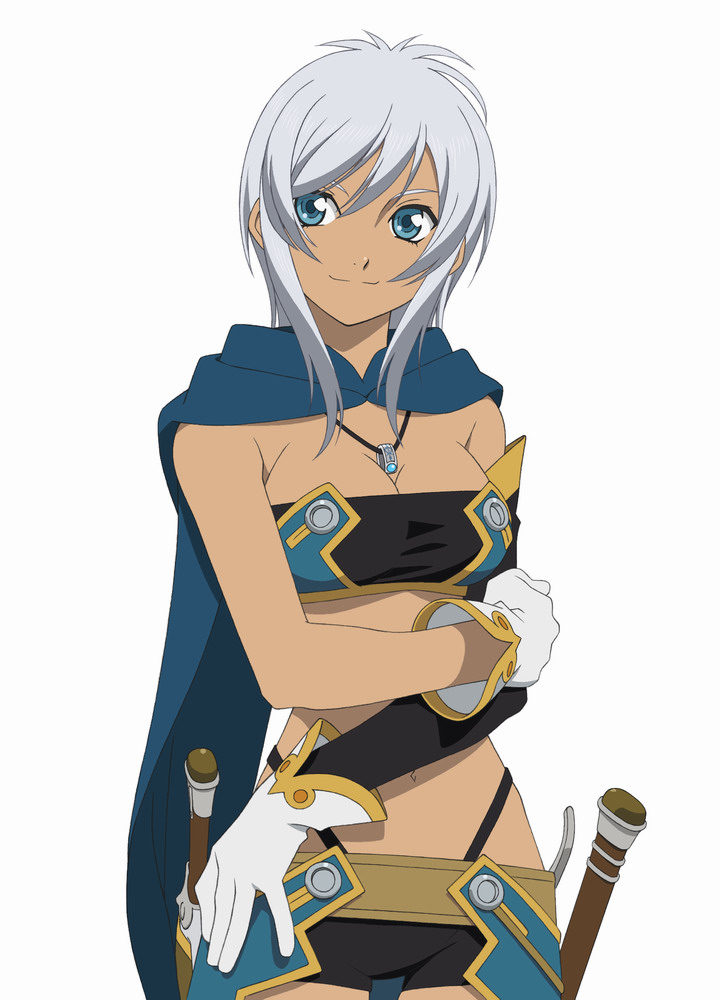 cape, cleavage, dark_skin, gloves, midriff, navel, official_art, rondorine