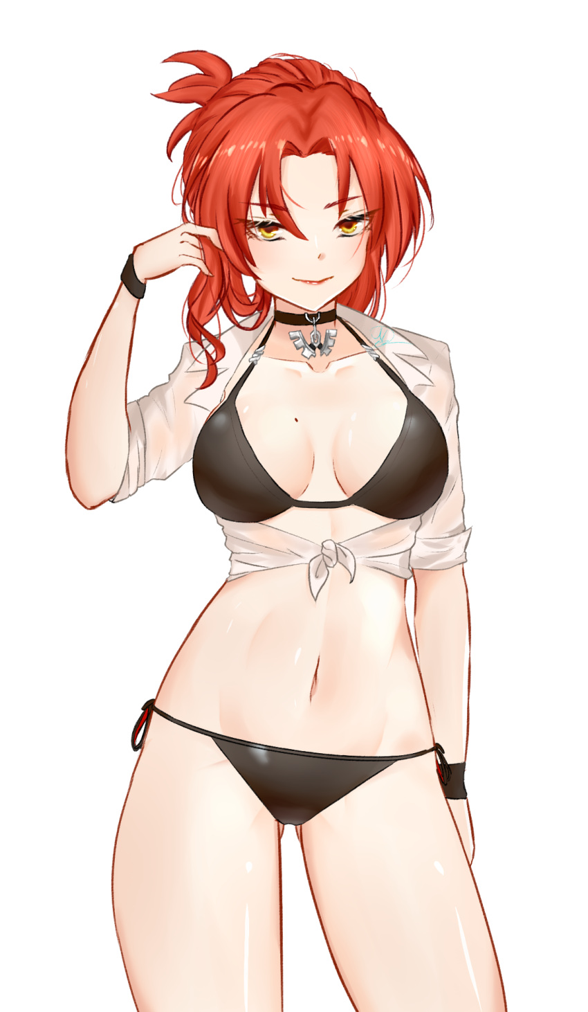 1girl, bikini, black_bikini, black_choker, breasts, choker, closed_mouth, highres, honkai_(series), honkai_impact_3rd, jacket, large_breasts, lipstick, looking_at_viewer, makeup, mole, mole_on_breast, murata_himeko, navel, nitro_artz, redhead, see-through, simple_background, sleeves_rolled_up, smile, solo, summer_uniform, swimsuit, white_background, white_jacket, yellow_eyes