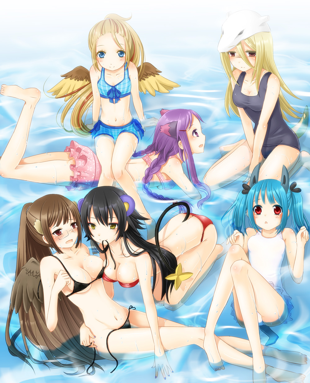 6+girls, bikini, black_hair, blonde_hair, blue_eyes, blue_hair, breasts, brown_eyes, brown_hair, cleavage, costume, female, glasses, highres, iwaki_byou, iwashiro_byou, long_hair, lucario, luxray, marowak, mismagius, mouth_hold, multiple_girls, noctowl, one-piece_swimsuit, personification, pidgeot, pokemon, ponytail, purple_eyes, purple_hair, red_eyes, school_swimsuit, submerged, swimsuit, twintails, violet_eyes, wings, yellow_eyes