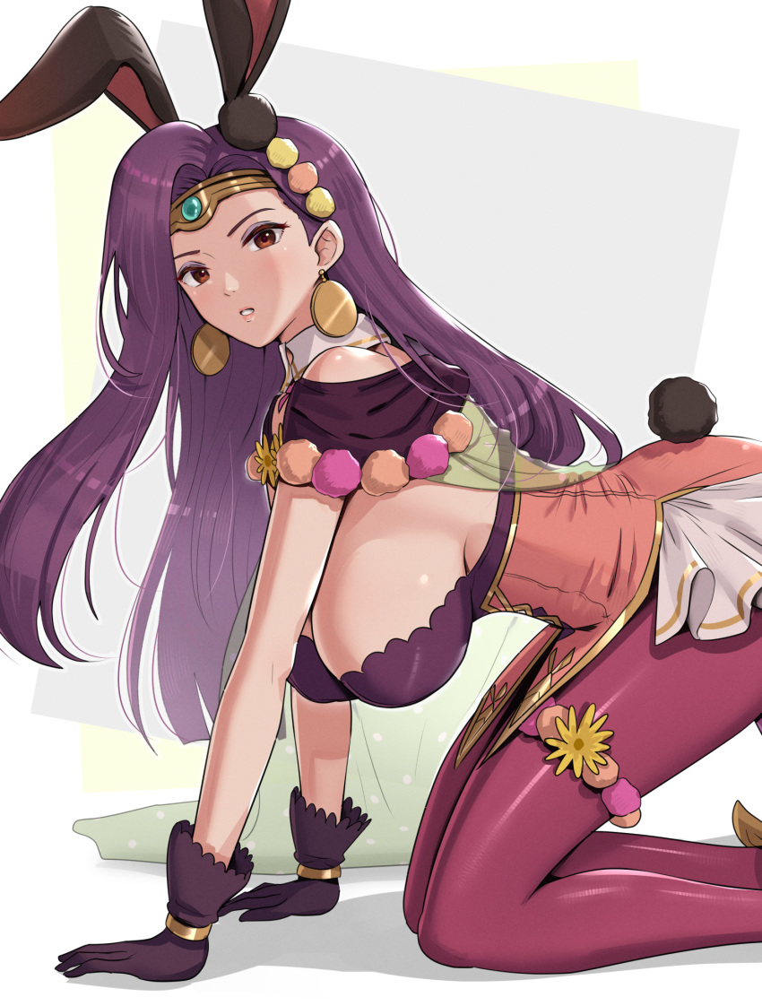 1girl, all_fours, alternate_costume, animal_ears, breasts, brown_eyes, cape, earrings