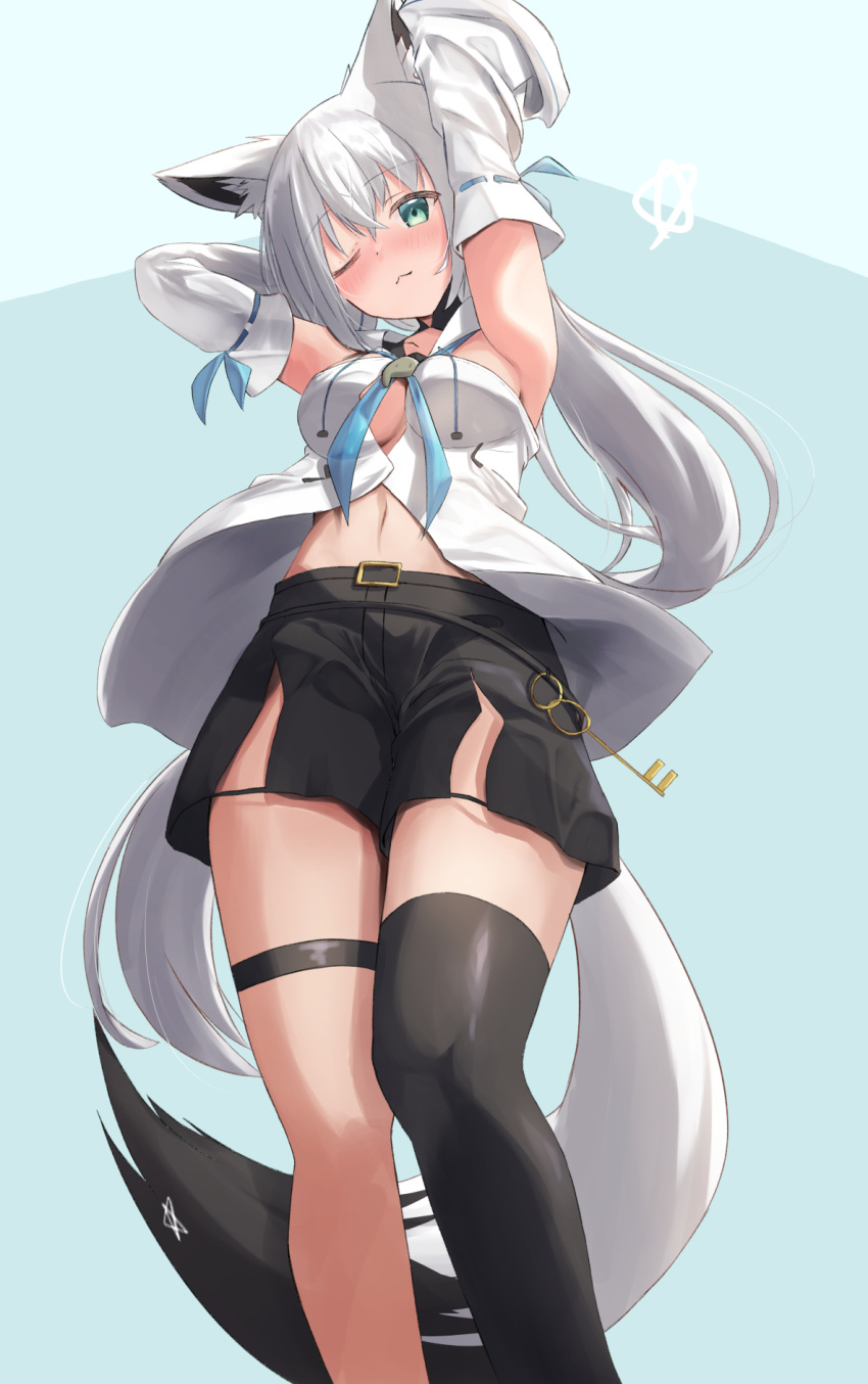 1girl, amaner, animal_ears, aqua_eyes, bangs, black_legwear, bow, fox_ears