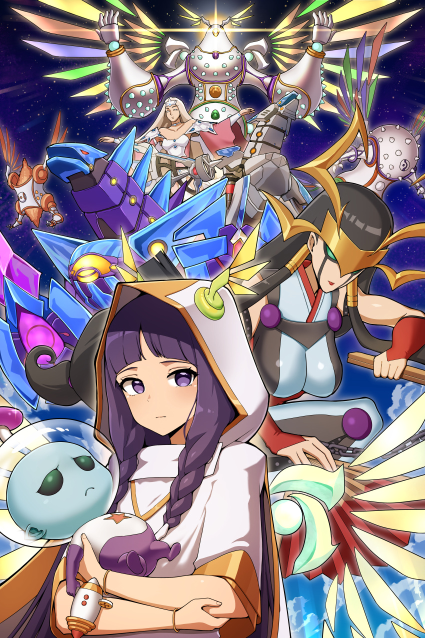 3girls, absurdres, alien, bangs, beatrice_lady_of_the_eternal, black_hair, blunt_bangs, braid, breasts, chain, crossed_arms, cyber_angel_benten, detached_wings, diviner_of_the_herald, dragon, drytron_alpha_thuban, drytron_zeta_aldhibah, duel_monster, eva_(yu-gi-oh!), gameplay_mechanics, green_eyes, gun, hand_fan, hands_up, herald_of_orange_light, herald_of_perfection, herald_of_ultimateness, highres, holding, holding_fan, holding_gun, holding_weapon, hood, hood_up, long_hair, macatatera, multicolored_wings, multiple_girls, no_pupils, purple_hair, robot, twin_braids, violet_eyes, weapon, white_eyes, white_hair, wings, yu-gi-oh!