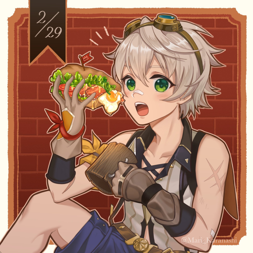 1boy, bandaid, bandaid_on_face, bandaid_on_nose, bangs, bennett_(genshin_impact), bread, commentary_request, dagwood_sandwich, eating, food, genshin_impact, gloves, goggles, goggles_on_head, green_eyes, highres, holding, holding_food, karanashi_mari, lettuce, looking_at_viewer, male_focus, meat, open_mouth, oversized_food, sandwich, scar, shorts, sleeveless, solo, tomato, white_hair