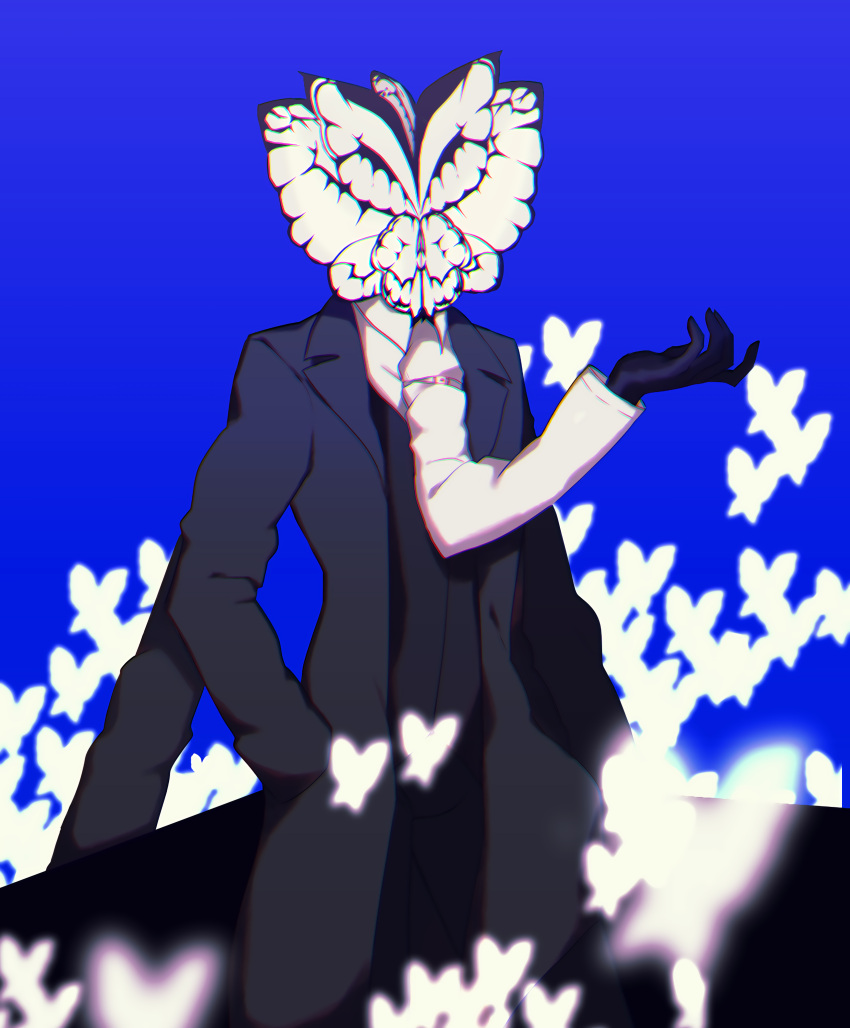 1other, absurdres, black_coat, black_gloves, black_jacket, blue_background, blurry, blurry_foreground