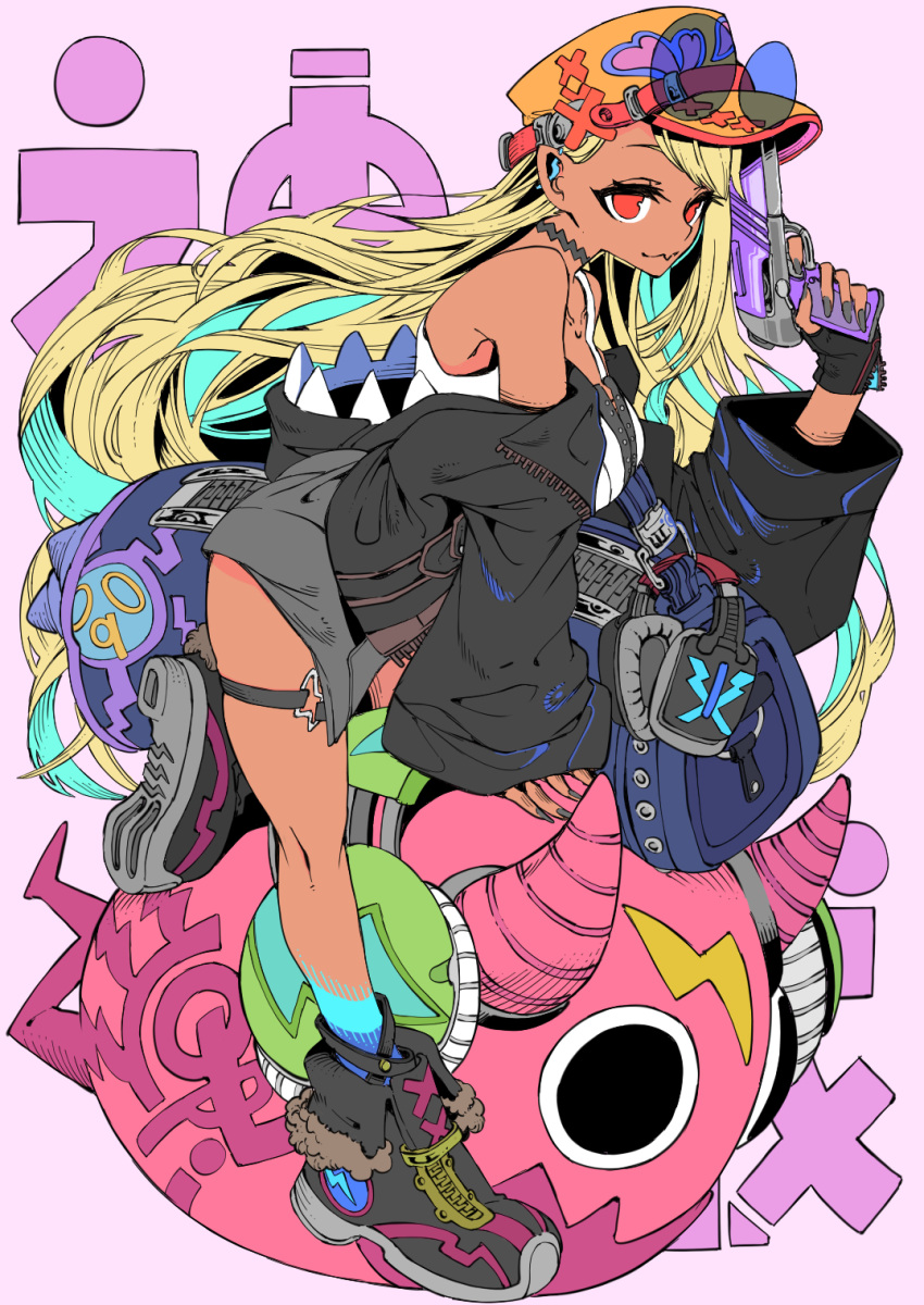 1girl, black_footwear, black_jacket, blue_hair, breasts, colored_inner_hair, dark-skinned_female, dark_skin