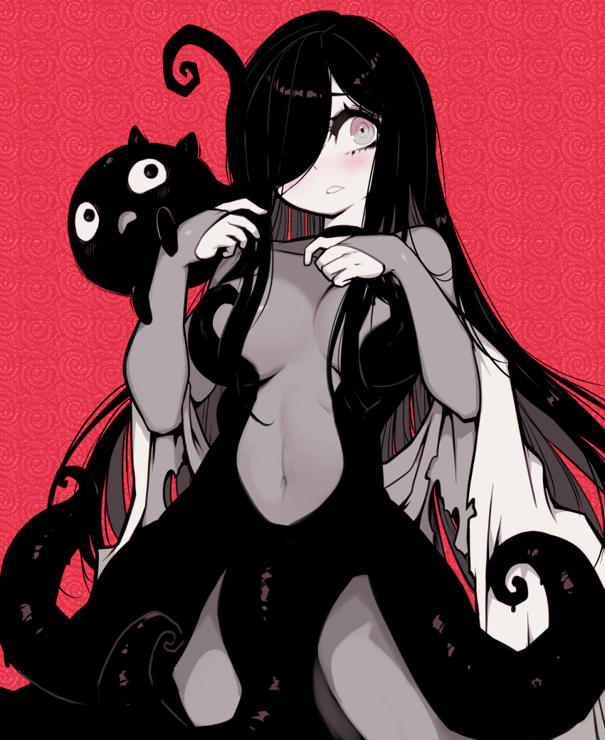 1girl, absurdres, amissio, aria_wintermint, black_dress, black_hair, blush, breasts