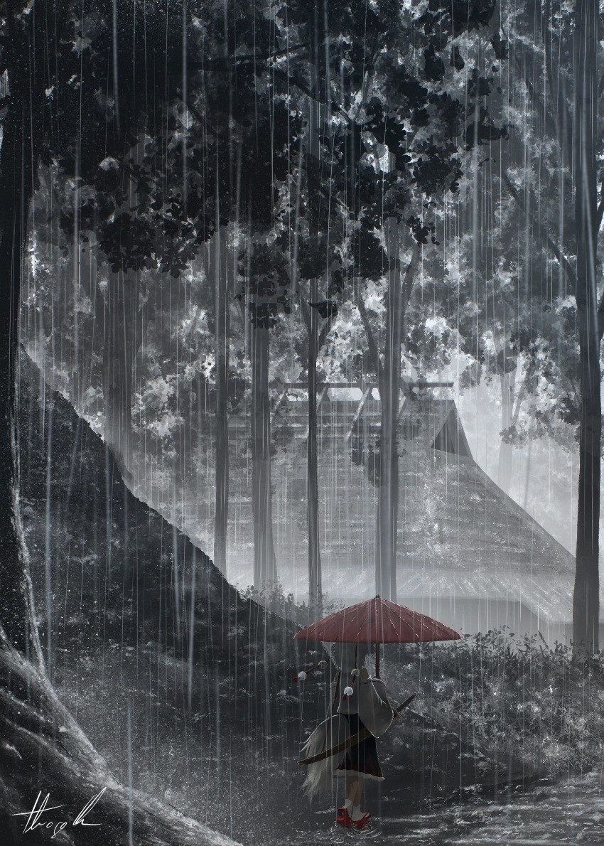 1girl, absurdres, black_skirt, building, bush, commentary, forest, frilled_skirt, frills, geta, highres, holding, holding_umbrella, house, inubashiri_momiji, leaf, long_sleeves, nature, oubachiago, pom_pom_(cheerleading), procreate_(medium), rain, red_footwear, scenery, shirt, short_hair, signature, skirt, solo, sword, tail, tengu-geta, touhou, tree, umbrella, weapon, white_hair, white_shirt, wide_sleeves, wolf_girl, wolf_tail