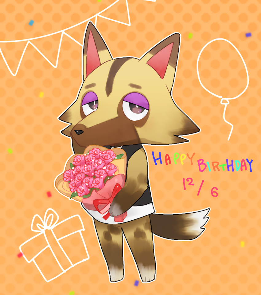 1boy, animal_crossing, animal_ears, animal_feet, animal_nose, balloon, black_shirt, body_fur