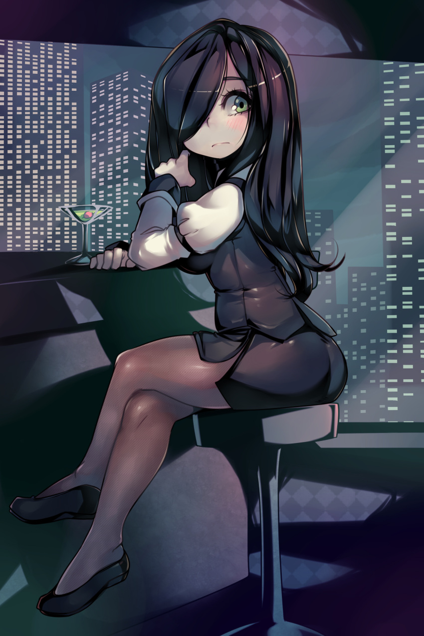 1girl, absurdres, aria_wintermint, bar, black_footwear, black_hair, black_legwear, black_skirt